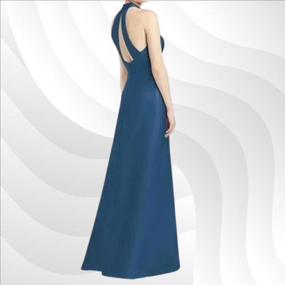 2/$50 Alfred Sung Dusk Blue Satin Twill Halter Dress D772 Size 4 | Elegant - Picture 2 of 9